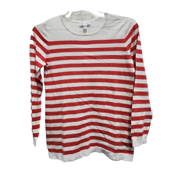 Susan Graver Sweater Womens Small White Red Striped 3/4 Sleeve Casual Preppy - Picture 1 of 6